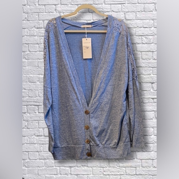 Z Avenue Light Blue Lace-Accent Cardigan - Picture 2 of 4